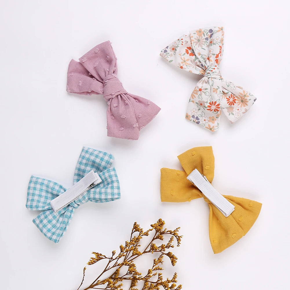4Pcs Baby Bow Hair Clips - Leopard Dot Print, Lace Cotton Linen Barrettes