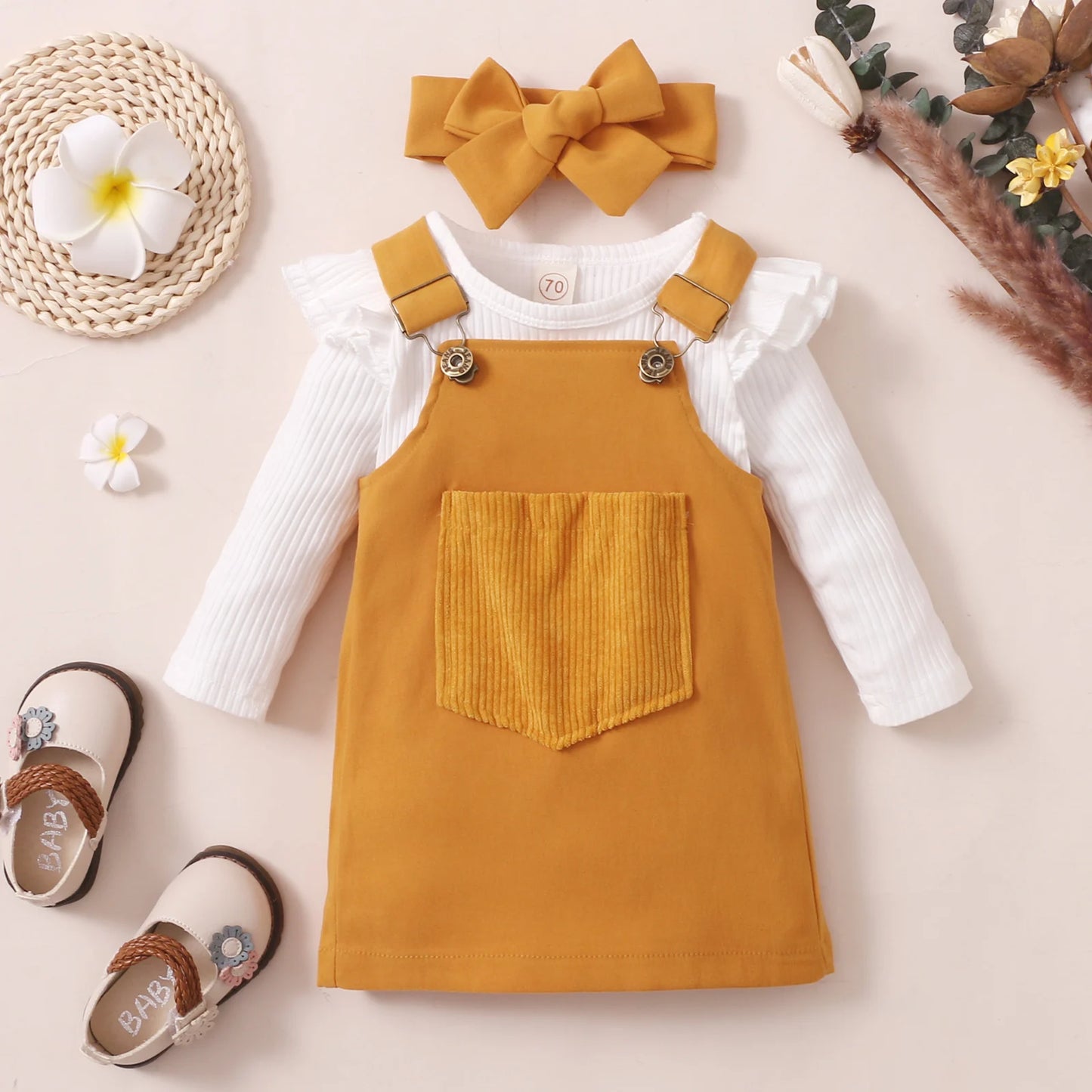 Baby Girl Outfit – Floral Ruffles Romper & Corduroy Dress (0-18M)