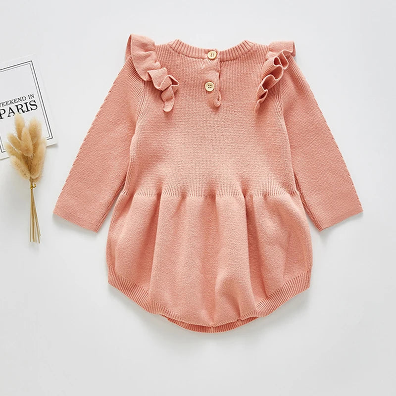 Baby Girl Knitted Bodysuit – Long Sleeve Ruffled Jumpsuit (Spring/Autumn)