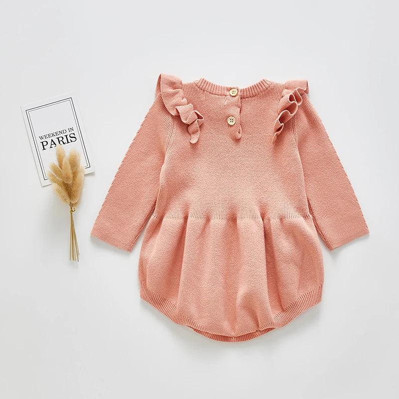 Baby Girl Knitted Bodysuit – Long Sleeve Ruffled Jumpsuit (Spring/Autumn)