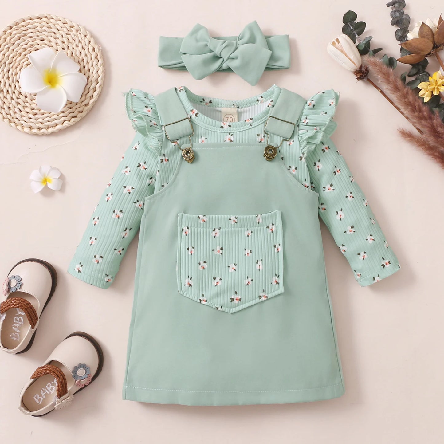 Baby Girl Outfit – Floral Ruffles Romper & Corduroy Dress (0-18M)