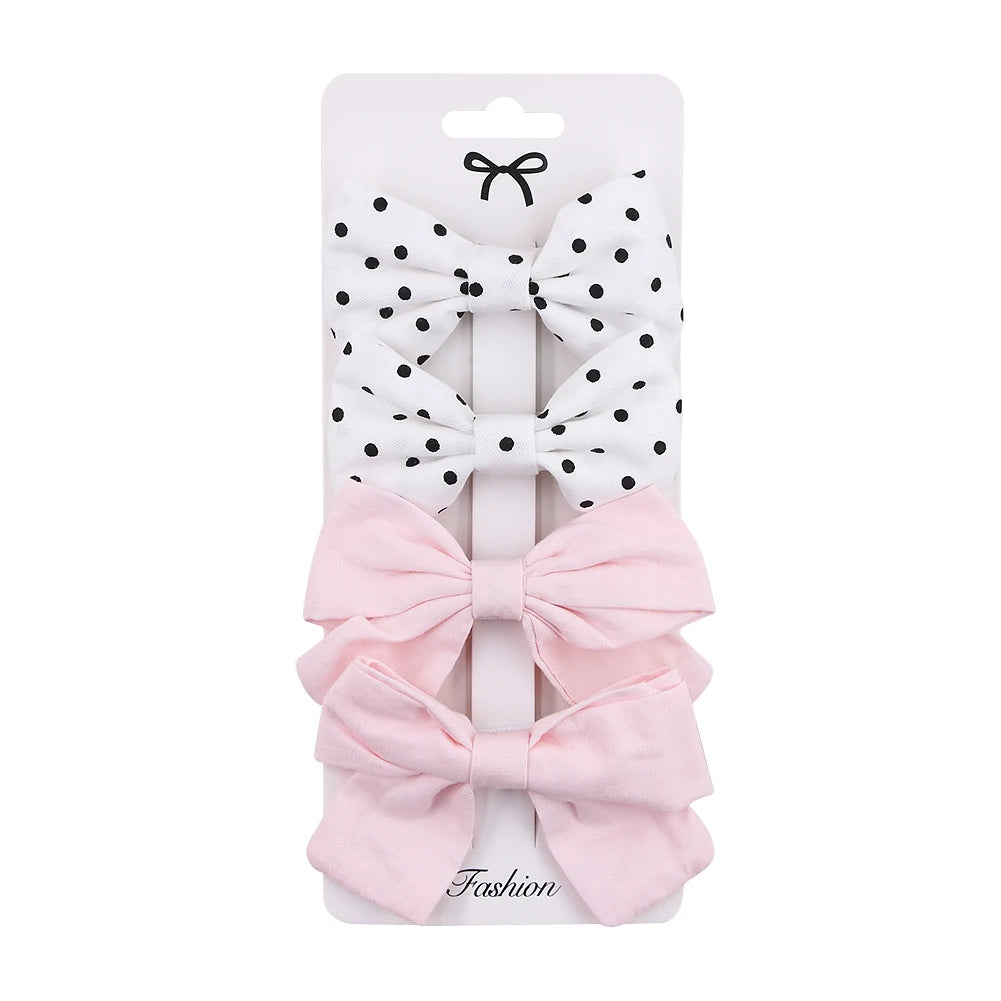 4Pcs Baby Bow Hair Clips - Leopard Dot Print, Lace Cotton Linen Barrettes