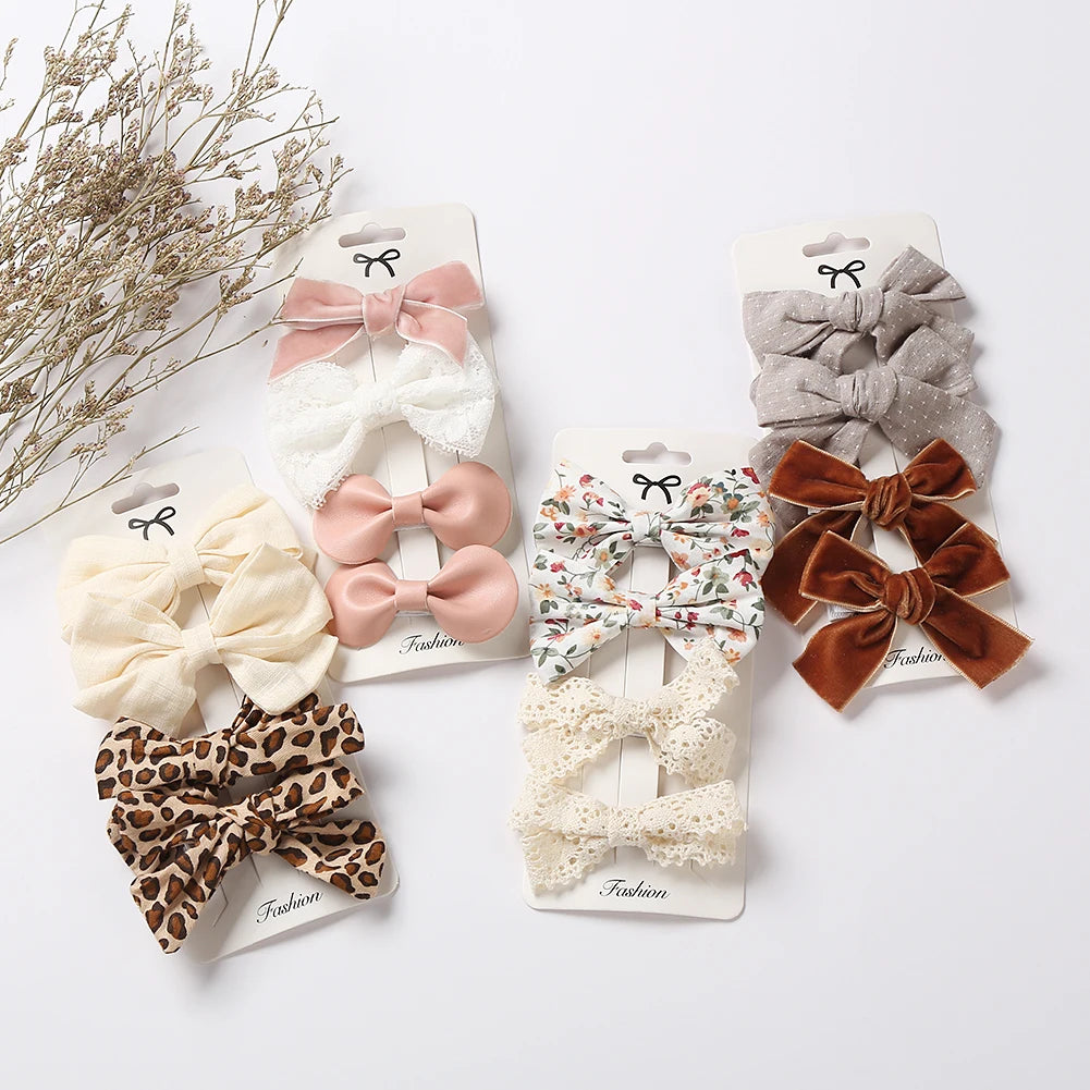 4Pcs Baby Bow Hair Clips - Leopard Dot Print, Lace Cotton Linen Barrettes