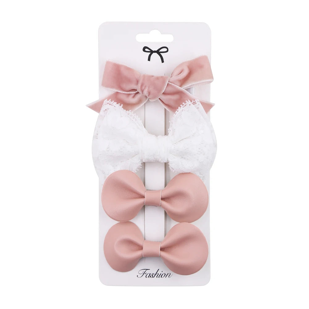 4Pcs Baby Bow Hair Clips - Leopard Dot Print, Lace Cotton Linen Barrettes