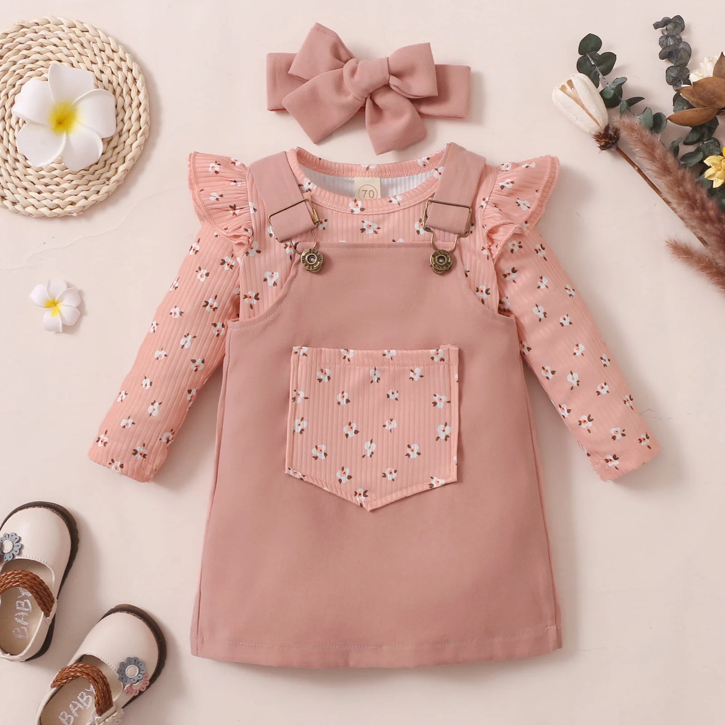 Baby Girl Outfit – Floral Ruffles Romper & Corduroy Dress (0-18M)