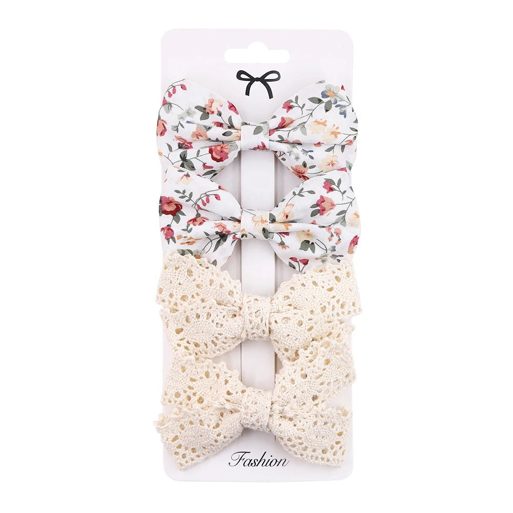 4Pcs Baby Bow Hair Clips - Leopard Dot Print, Lace Cotton Linen Barrettes