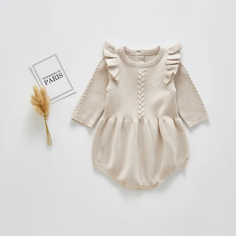 Baby Girl Knitted Bodysuit – Long Sleeve Ruffled Jumpsuit (Spring/Autumn)