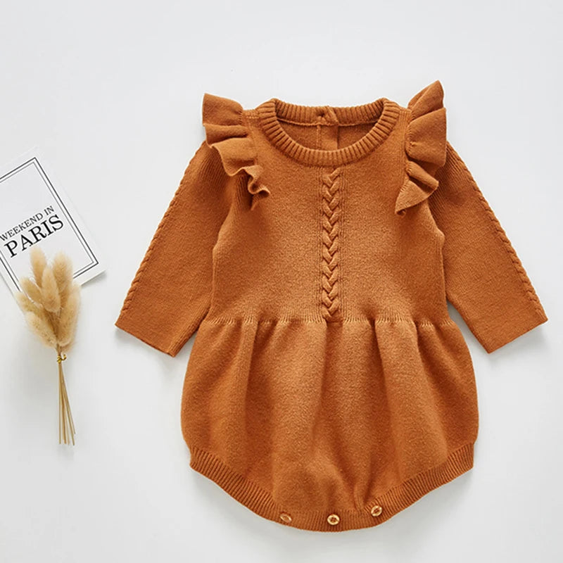 Baby Girl Knitted Bodysuit – Long Sleeve Ruffled Jumpsuit (Spring/Autumn)