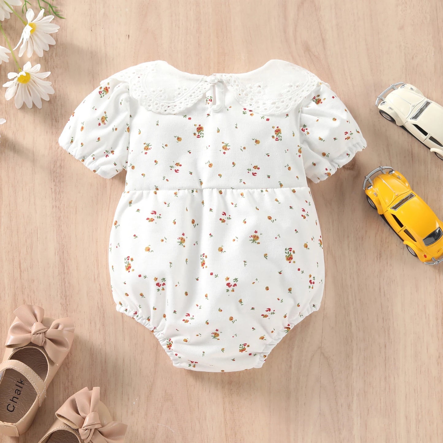 Baby Girl Summer Romper – Short Sleeve, Doll Collar, Flower Print Jumpsuit