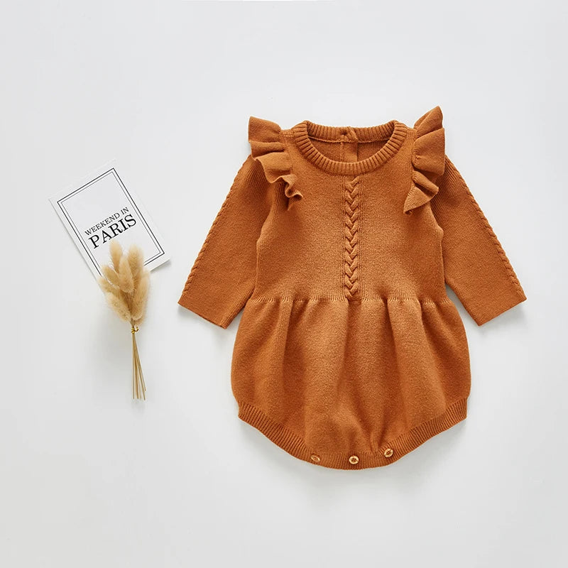 Baby Girl Knitted Bodysuit – Long Sleeve Ruffled Jumpsuit (Spring/Autumn)