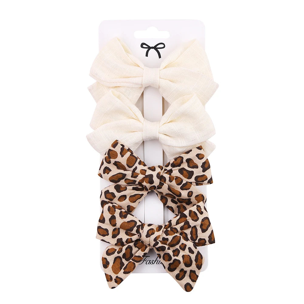 4Pcs Baby Bow Hair Clips - Leopard Dot Print, Lace Cotton Linen Barrettes
