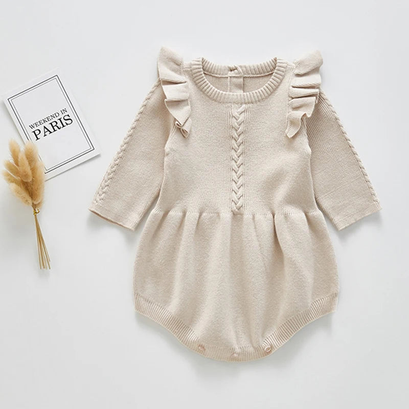 Baby Girl Knitted Bodysuit – Long Sleeve Ruffled Jumpsuit (Spring/Autumn)
