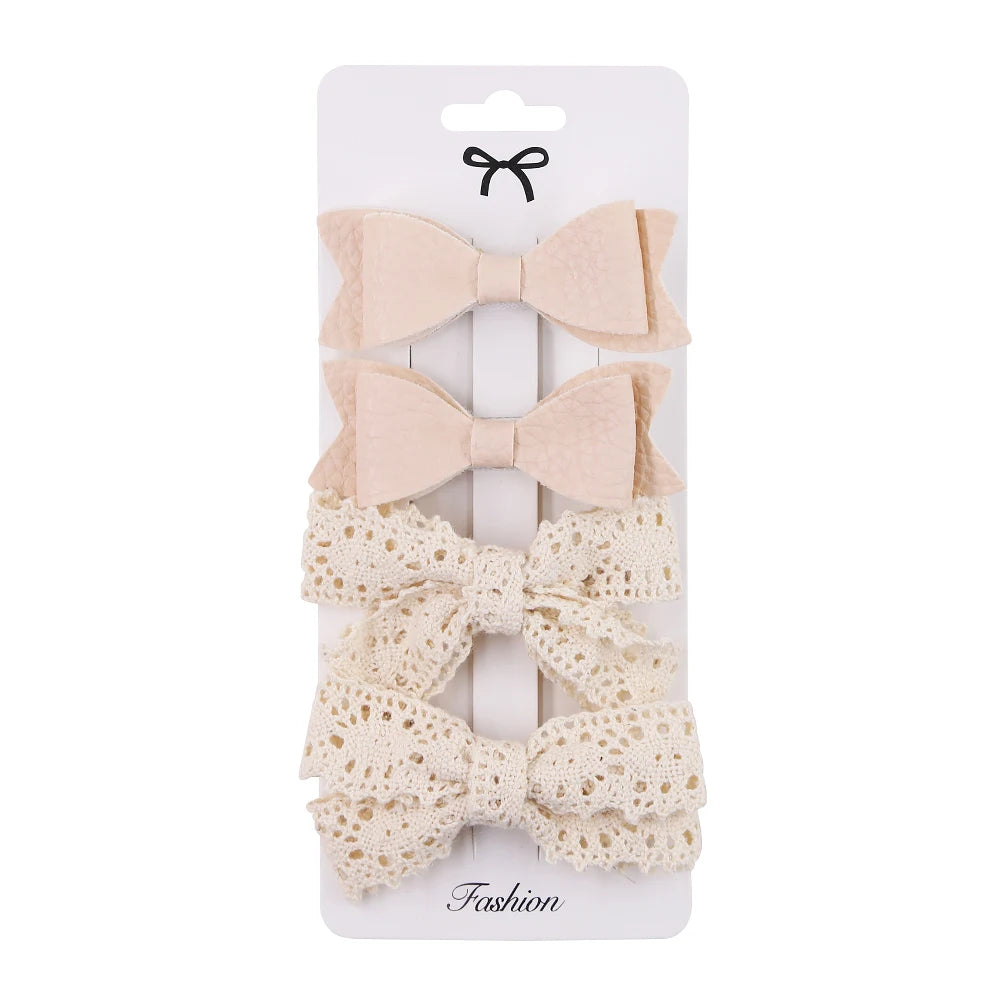 4Pcs Baby Bow Hair Clips - Leopard Dot Print, Lace Cotton Linen Barrettes