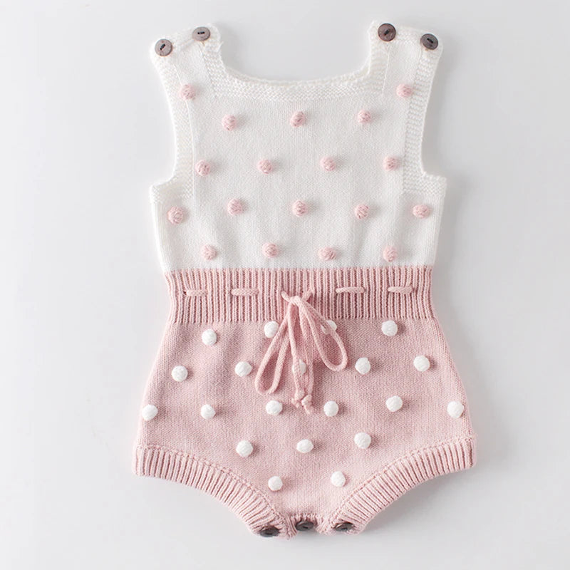 Knitted Baby Romper – Handmade Cotton Jumpsuit with Pompoms