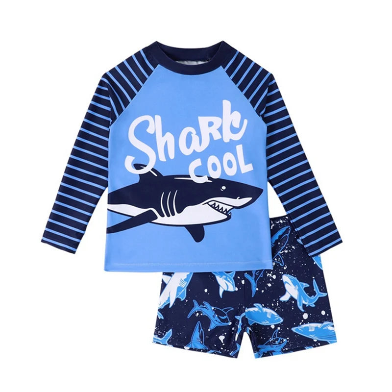 Summer Boys' Swimsuit Set – Long Sleeve Cartoon Sunscreen Top & Shorts (4-8Y)
