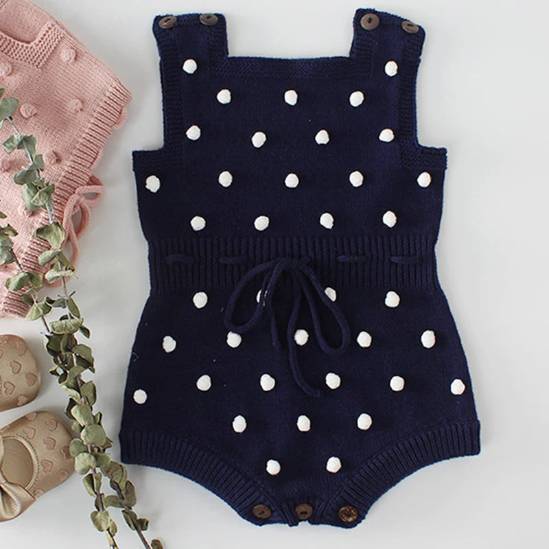 Knitted Baby Romper – Handmade Cotton Jumpsuit with Pompoms