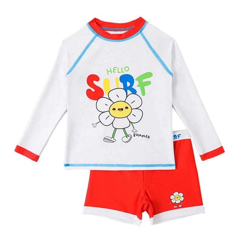 Summer Boys' Swimsuit Set – Long Sleeve Cartoon Sunscreen Top & Shorts (4-8Y)