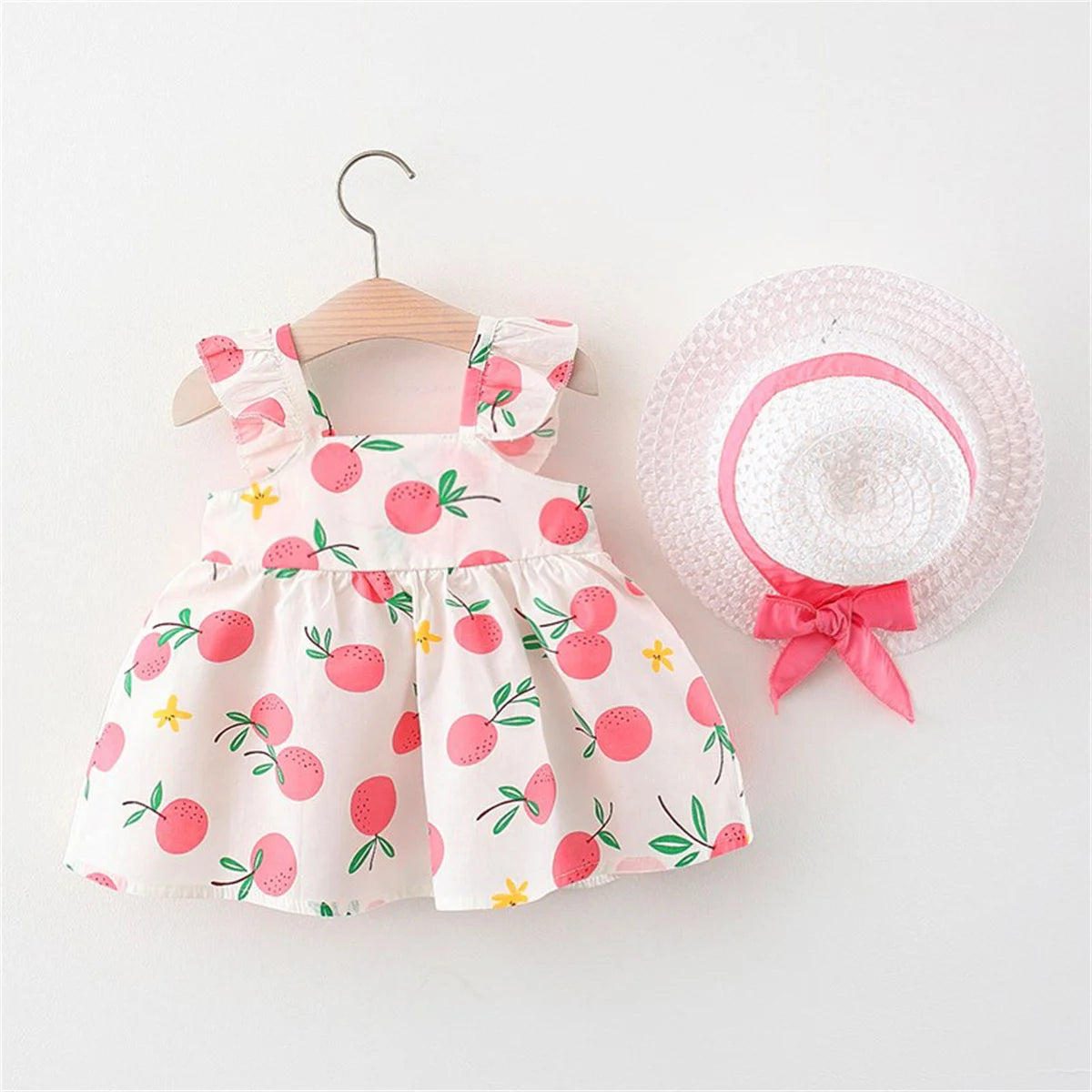 2PCS Summer Girls' Dress Set – Bow Suspender Top & Orange Print Skirt with Hat