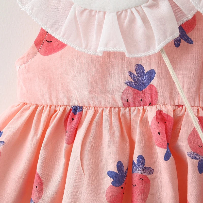 2pcs Girls Cute Strawberry Sleeveless Doll Collar Summer Dress & Bag Set Clothes