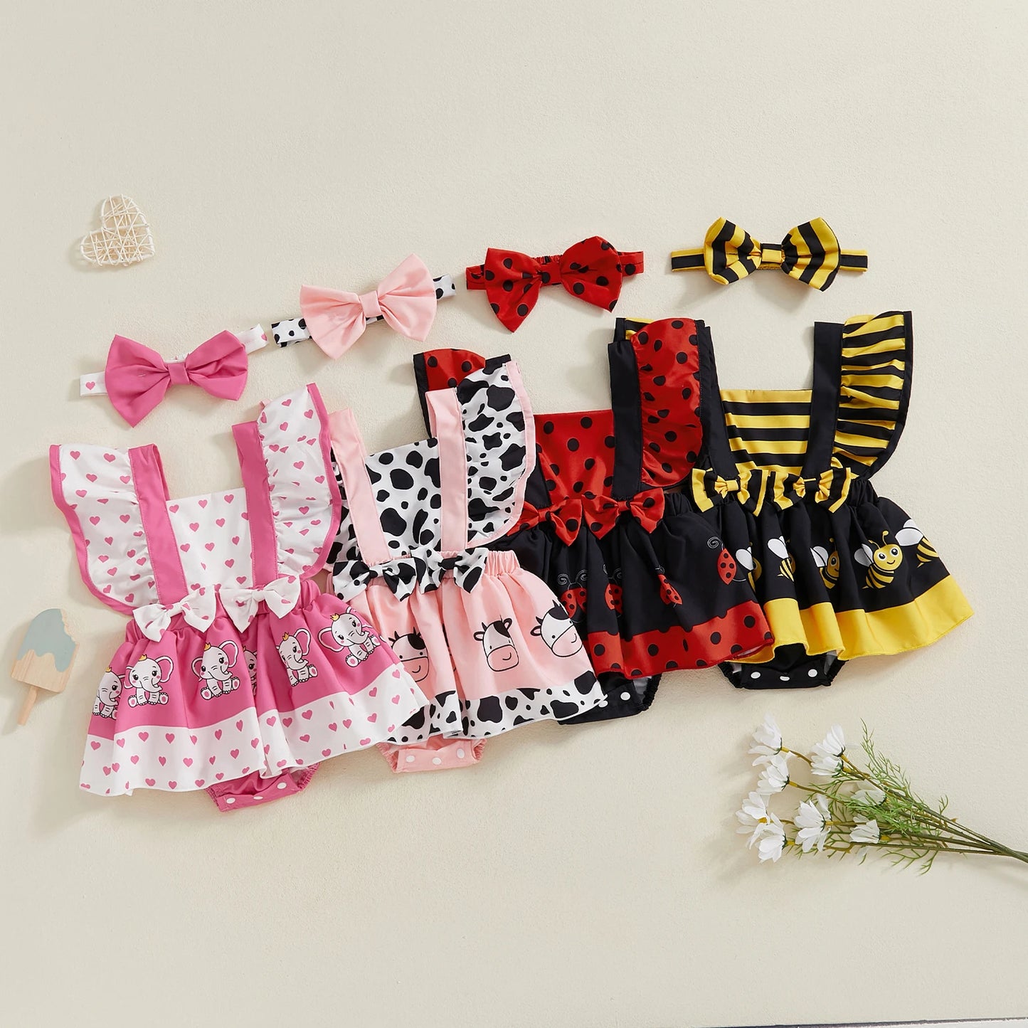 Baby Girl Romper Dress – Cute Animal Print Jumpsuit with Headband