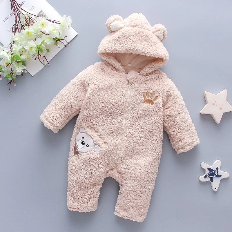 Baby Winter Romper – Warm Cotton Fleece Jumpsuit with Hood (0-24M)z