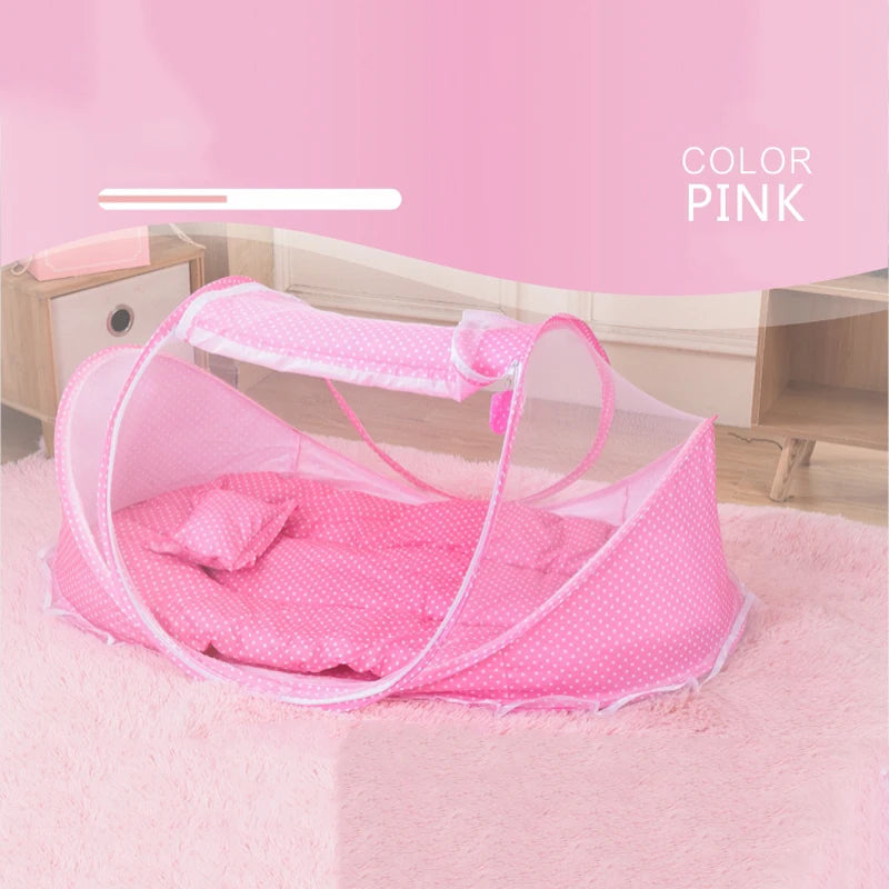 Portable Baby Bed with Folding Mosquito Net & Pillow – Newborn Cradle Mesh Tent