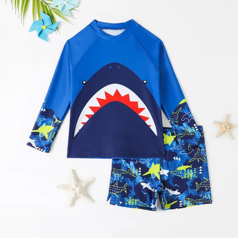 Summer Boys' Swimsuit Set – Long Sleeve Cartoon Sunscreen Top & Shorts (4-8Y)