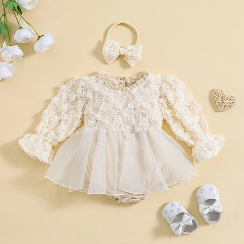 2PC Baby Girl Romper Set – Lace Floral Jumpsuit & Ruffle Outfit (Spring/Autumn)