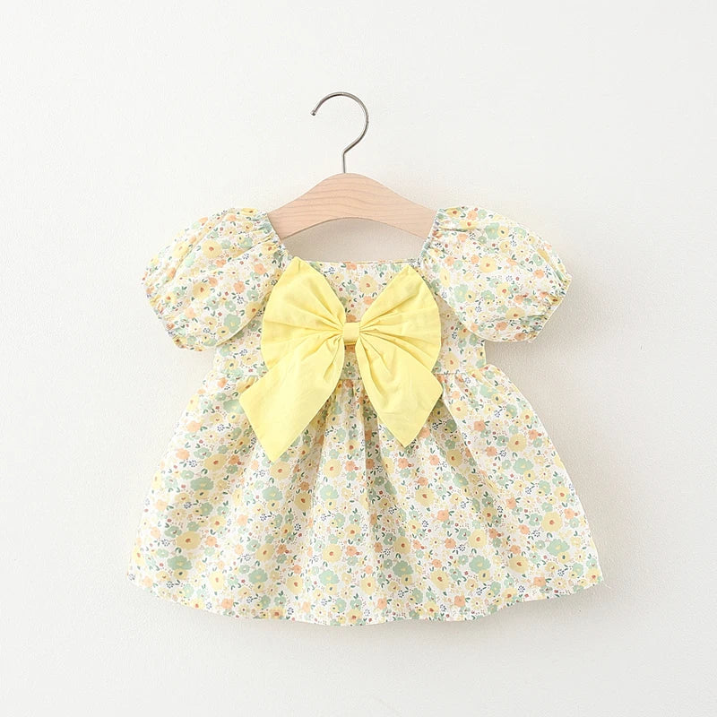 Children's Summer Dress – Short Sleeve Solid Color with Big Bow & Print