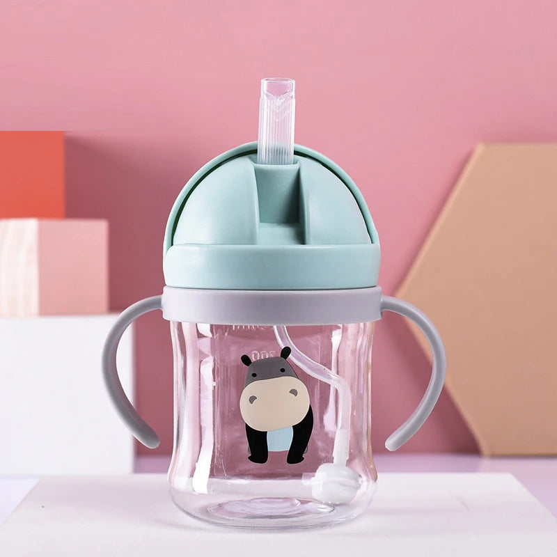 Kids' Cartoon Animal Water Bottle – Straw Cup with Gravity Ball & Shoulder Strap