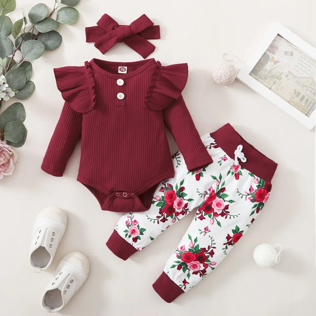 3PCS Baby Girl Outfit – Bodysuit, Pants & Headband Set (3-12M)