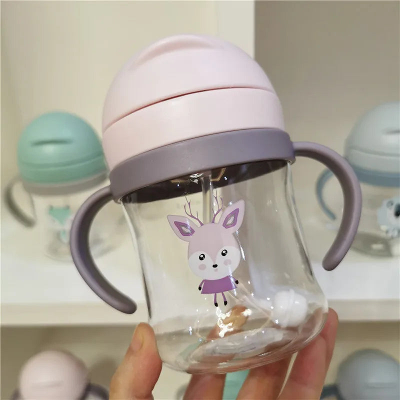 Kids' Cartoon Animal Water Bottle – Straw Cup with Gravity Ball & Shoulder Strap