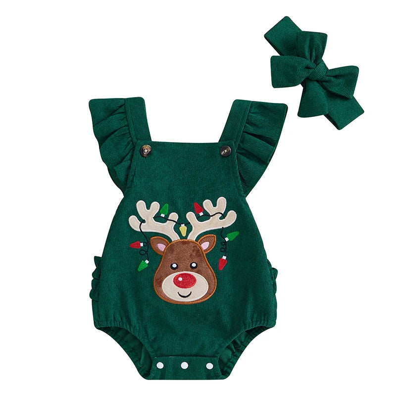 Baby Christmas Romper – Ruffle Sleeve Elk Jumpsuit & Headband