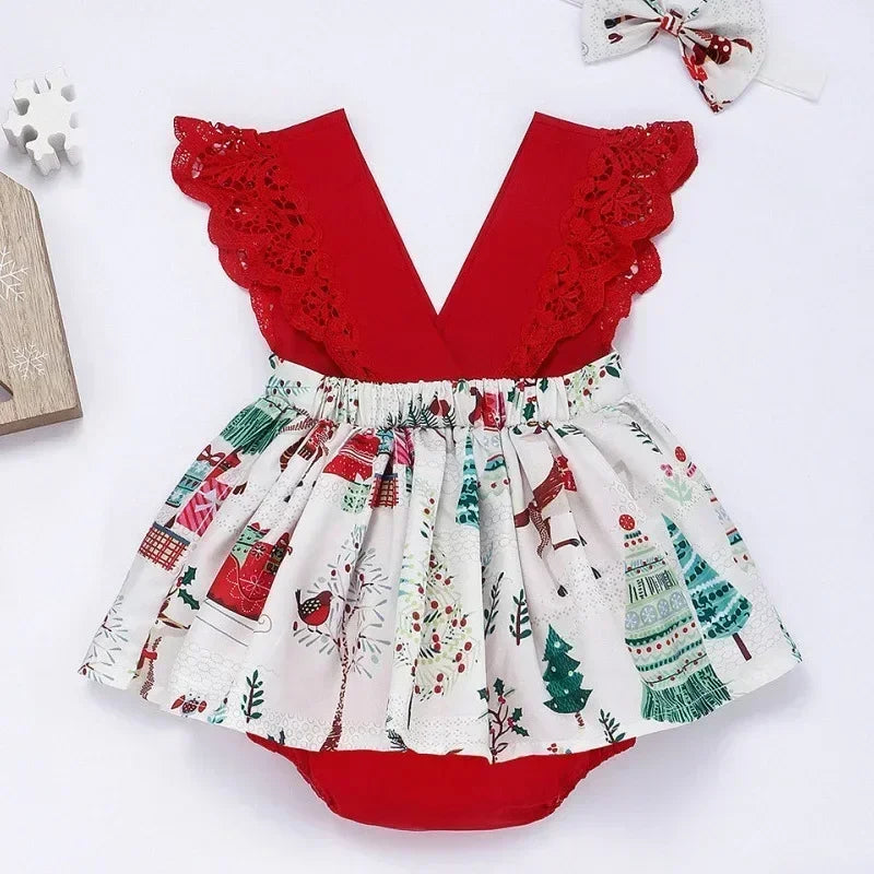 Baby Girl Summer Romper – Lace Floral Sleeve Jumpsuit with Headband (0-18M)