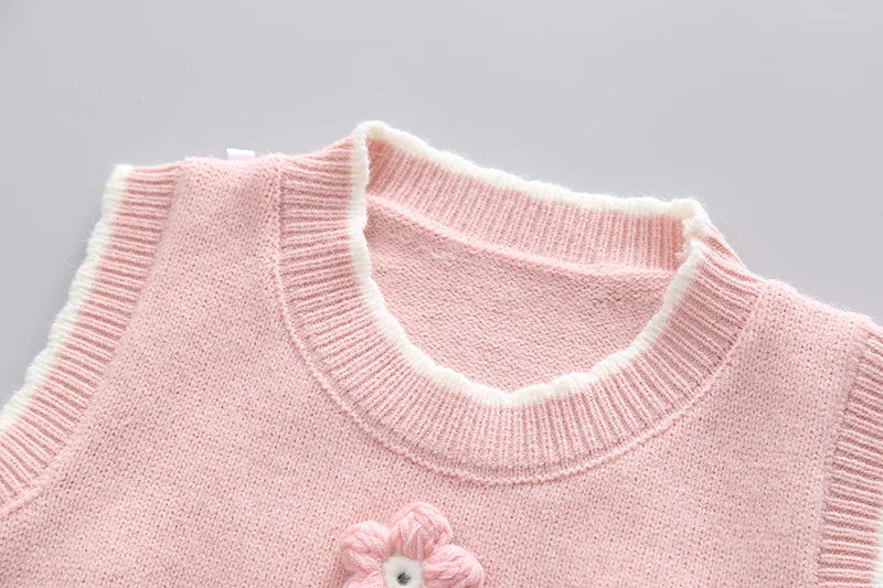 Spring Baby Girl Outfit – Knitted Vest, Bow Shirt & Jeans Set (1st Birthday)
