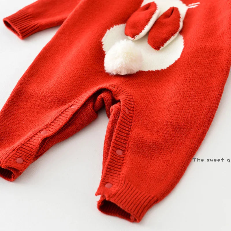"Christmas Newborn Romper – Knitted Bunny Jumpsuit for Fall & Winter