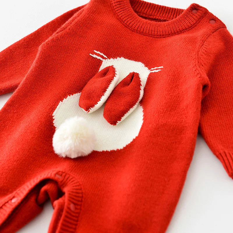 "Christmas Newborn Romper – Knitted Bunny Jumpsuit for Fall & Winter