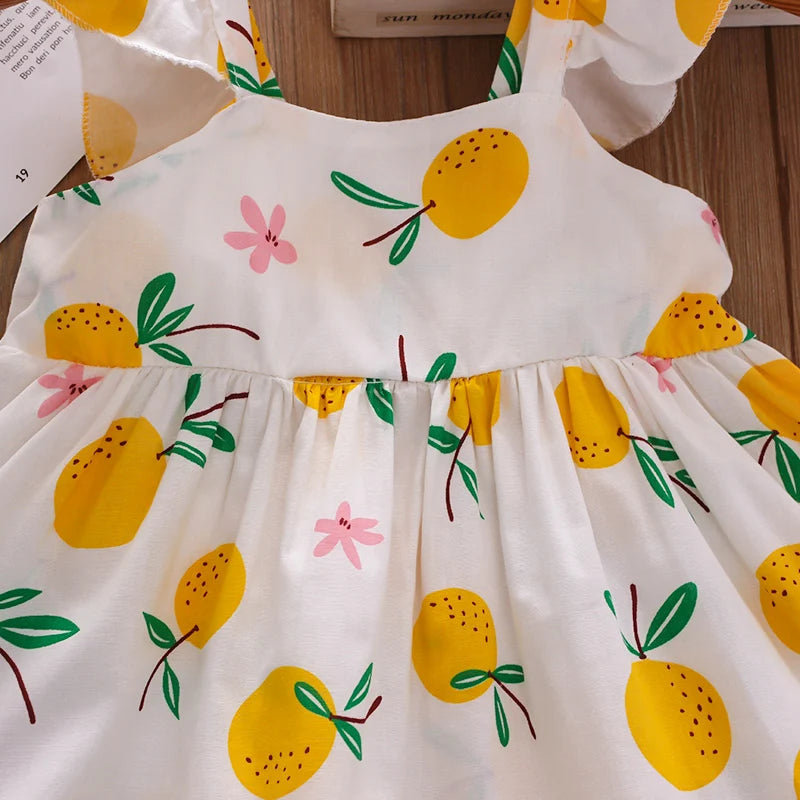 2PCS Summer Girls' Dress Set – Bow Suspender Top & Orange Print Skirt with Hat