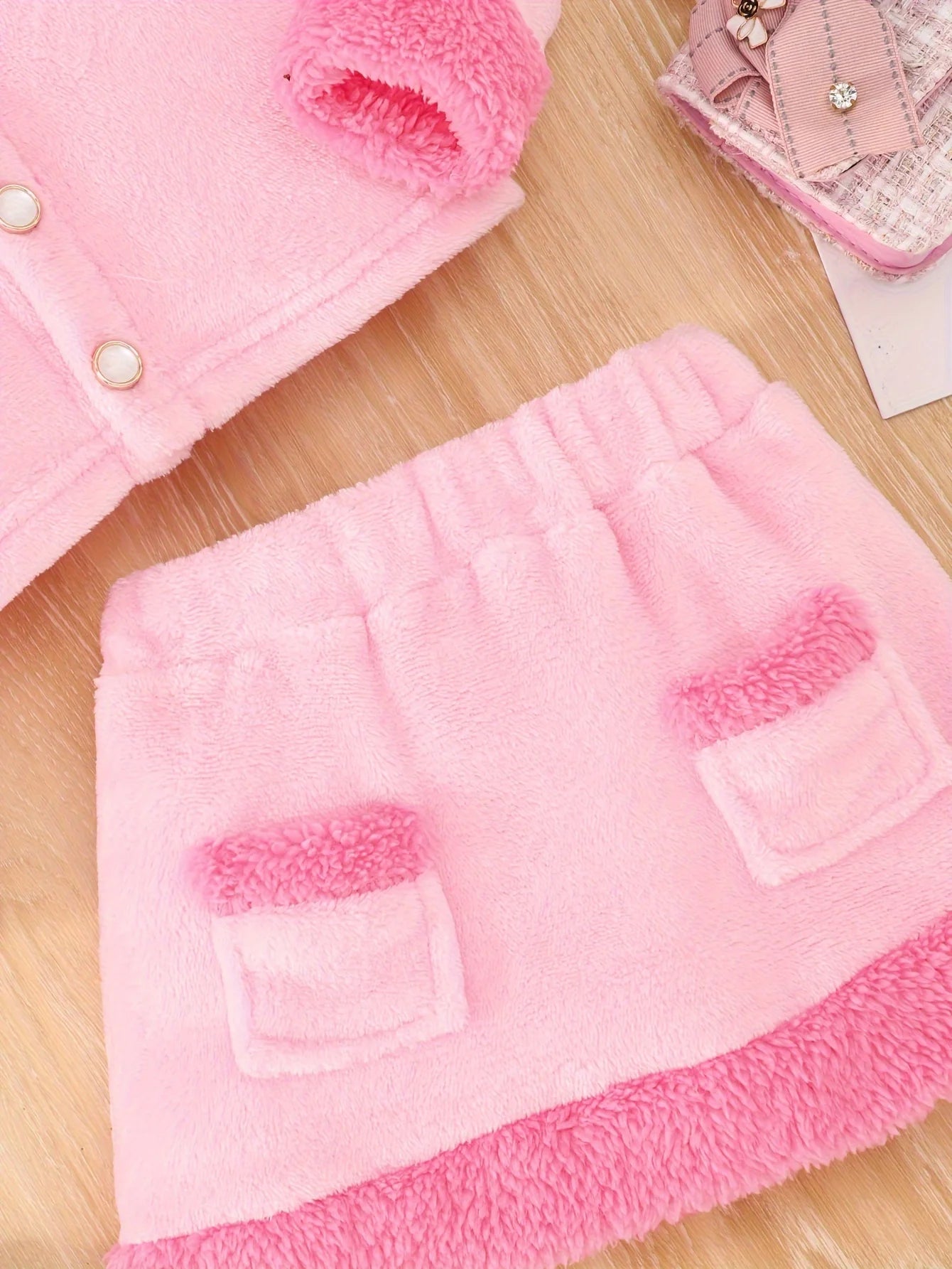 Japanese-Korean Style Pink Fluffy Skirt Suit – Soft & Warm Outfit