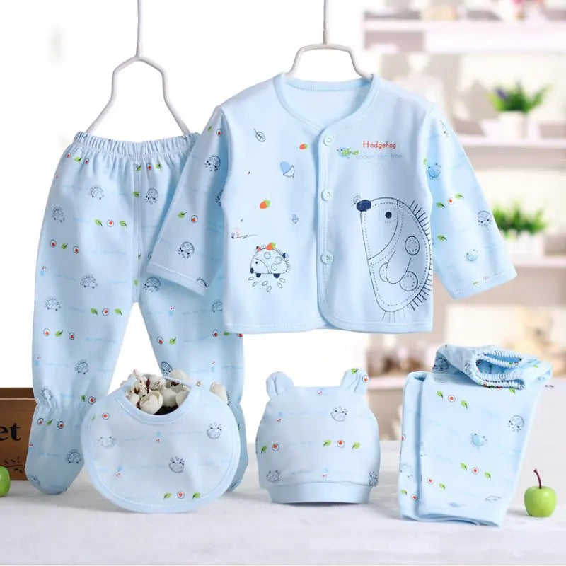 5PCS Newborn Baby Clothing Set – Cotton Top, Pants, Hat & Bibs (0-3M)