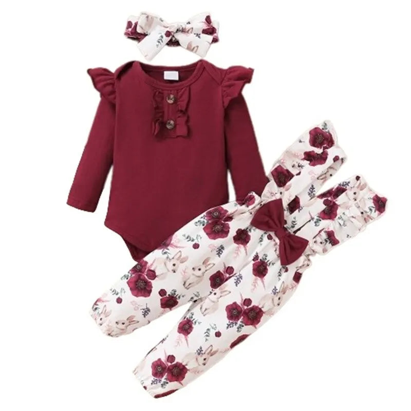 Baby Girl Outfit – Romper, Flower Pants & Headband (0-24M)