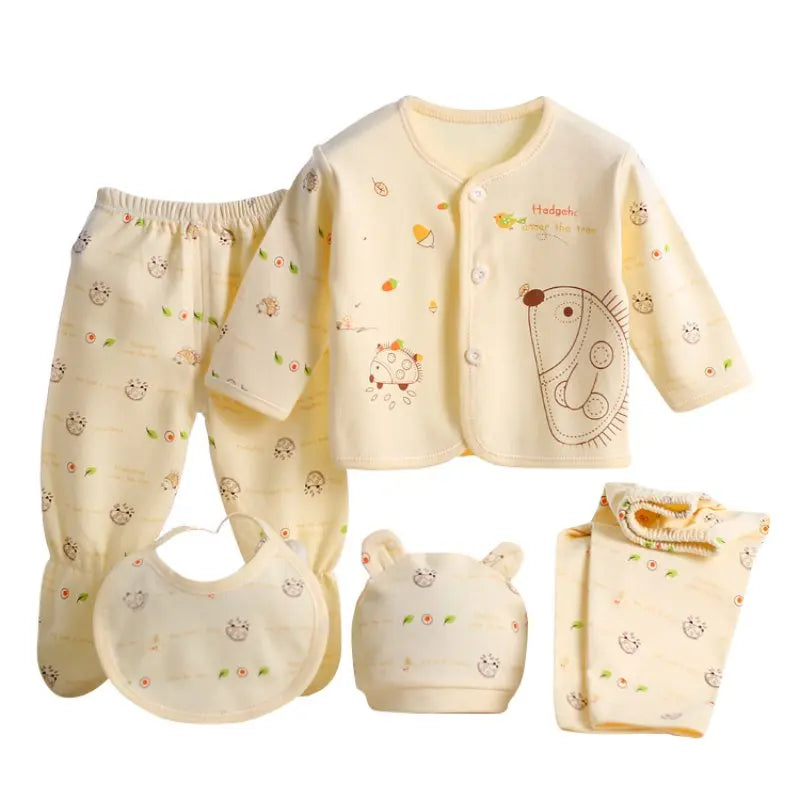 5PCS Newborn Baby Clothing Set – Cotton Top, Pants, Hat & Bibs (0-3M)