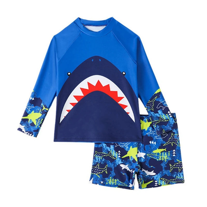 Summer Boys' Swimsuit Set – Long Sleeve Cartoon Sunscreen Top & Shorts (4-8Y)