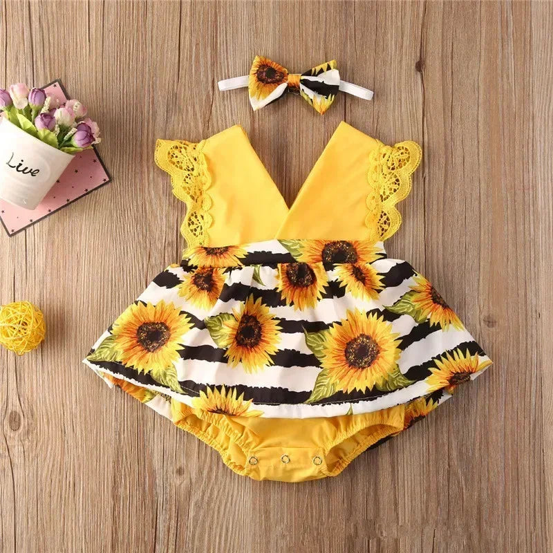 Baby Girl Summer Romper – Lace Floral Sleeve Jumpsuit with Headband (0-18M)