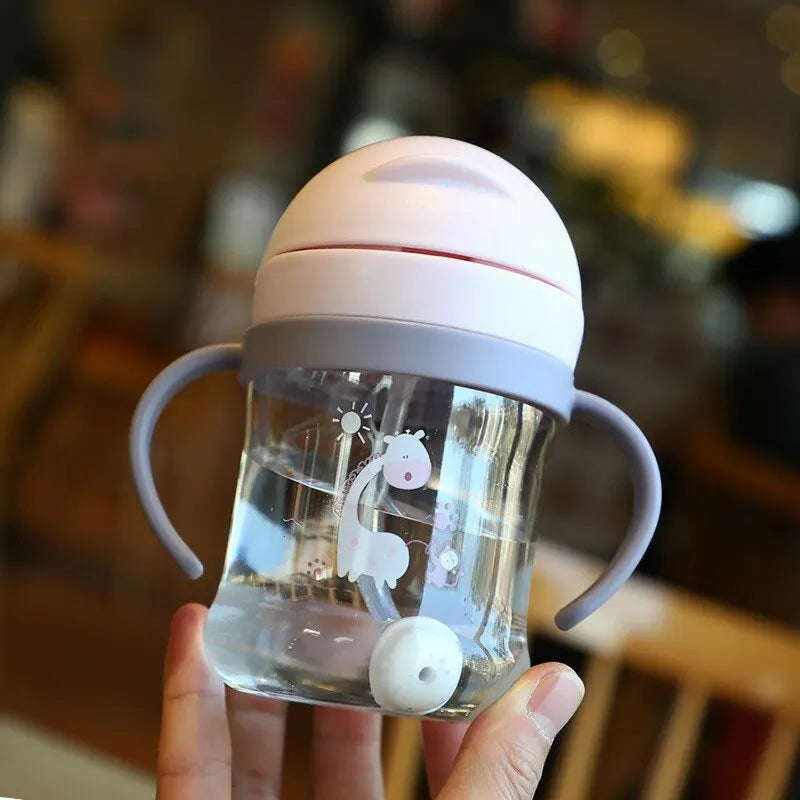 250ml Baby Drinking Cup – Pink Wide-Caliber Bottle with Straw & Handle