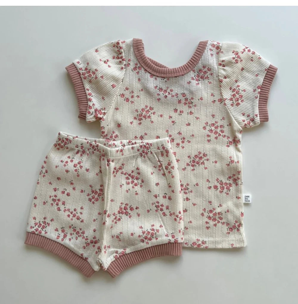 Korean Baby Outfit – 0-1Y Floral Knit Cotton 2-Piece Set