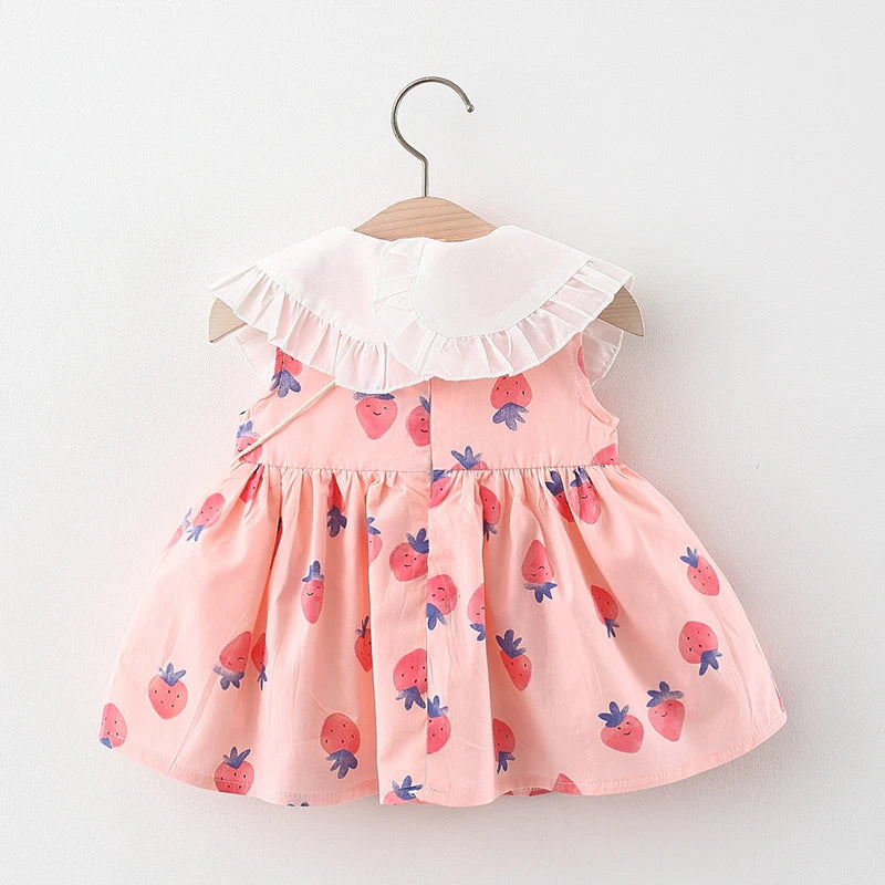 2pcs Girls Cute Strawberry Sleeveless Doll Collar Summer Dress & Bag Set Clothes