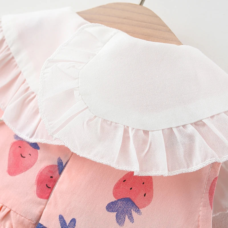 2pcs Girls Cute Strawberry Sleeveless Doll Collar Summer Dress & Bag Set Clothes