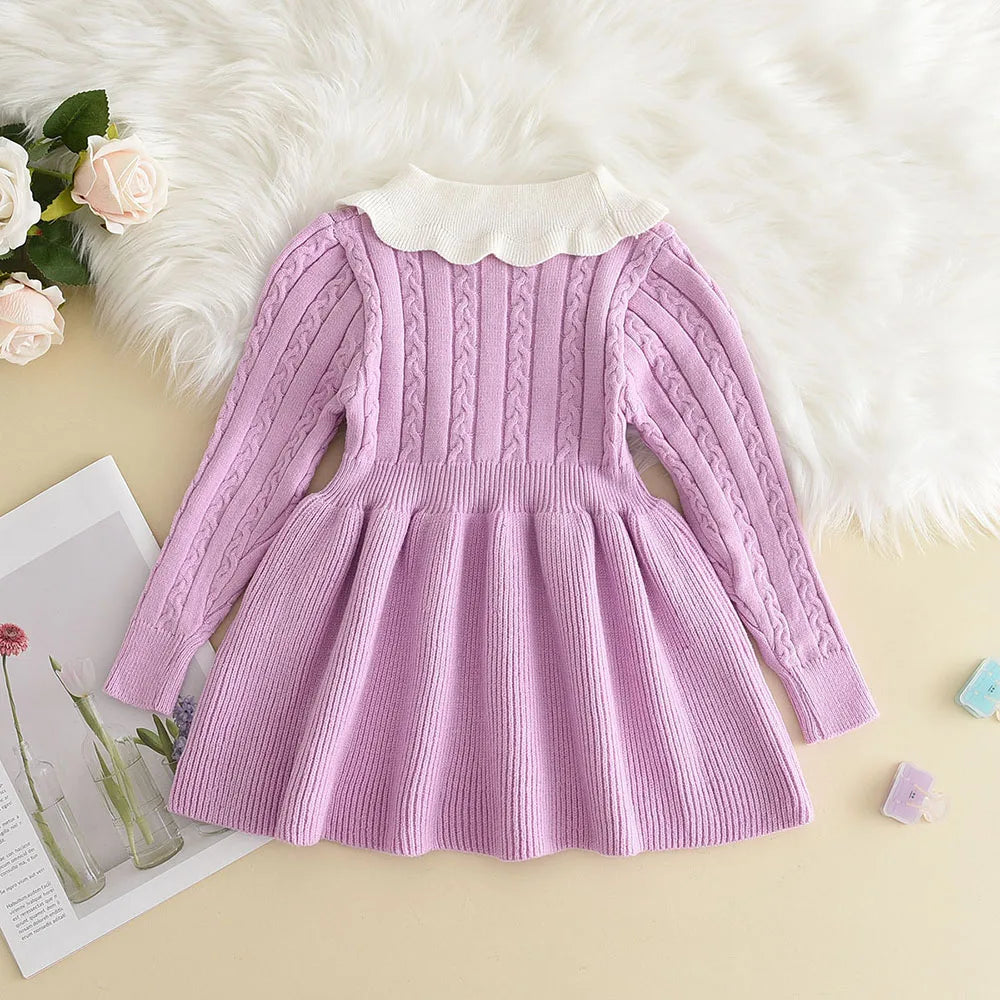 Winter Girls' Knitted Sweater Dress – Long Sleeve Ruffle Princess Outfit