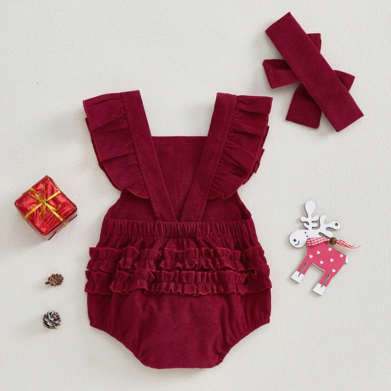 Baby Christmas Romper – Ruffle Sleeve Elk Jumpsuit & Headband
